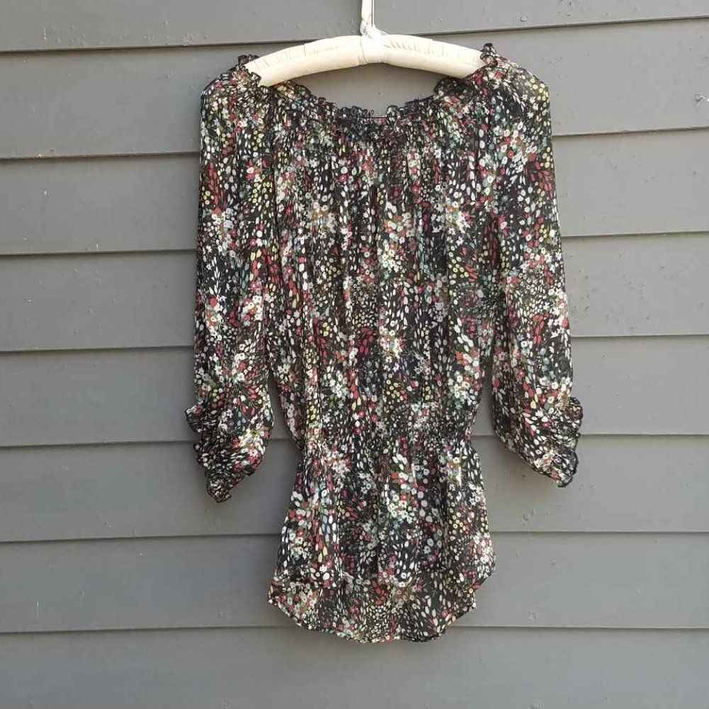 Romy Sheer Black Floral Peasant Top size Medium